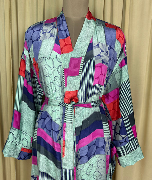 Recycle Silk Sari Women Kimono | Boho Chic Beach Cover Up Vintage Lounge Dressing Robe | Resort Wear Regal Gypsy House Robe, Blue Geometric