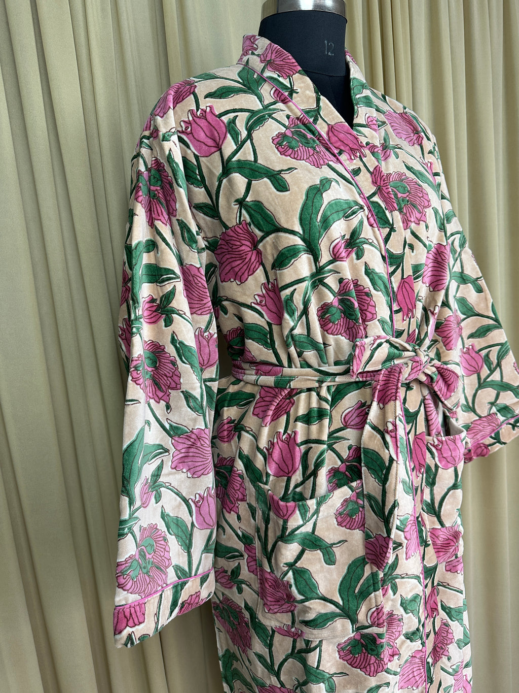 Luxury Velvet Kimono Unisex House Robe | Boho Jacket Autumn Winter Christmas Gift Elegant Reversible Cotton Lined | Quirky Gown Beige Floral