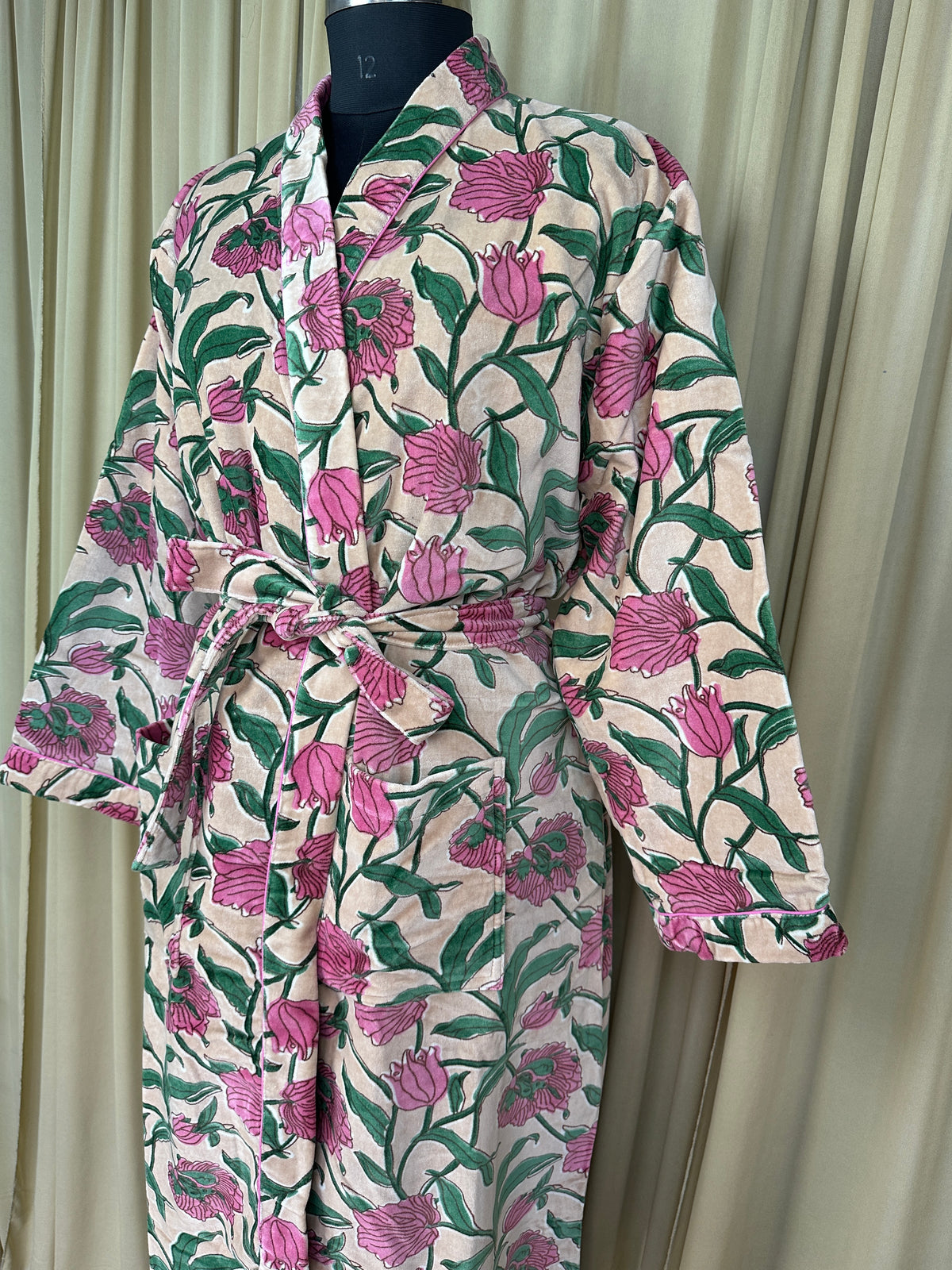 Luxury Velvet Kimono Unisex House Robe | Boho Jacket Autumn Winter Christmas Gift Elegant Reversible Cotton Lined | Quirky Gown Beige Floral