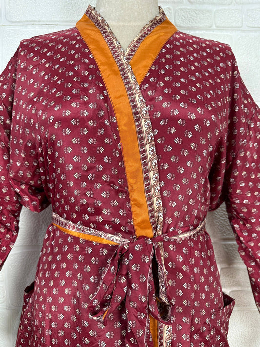 Silk Blend Kimono Robe: Floral Sari Fabric Dressing Gown