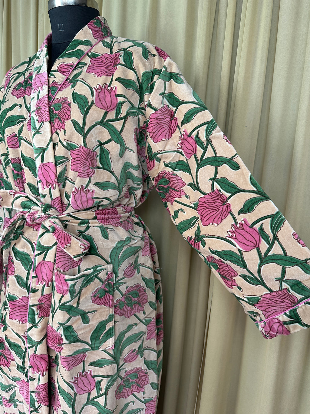 Luxury Velvet Kimono Unisex House Robe | Boho Jacket Autumn Winter Christmas Gift Elegant Reversible Cotton Lined | Quirky Gown Beige Floral