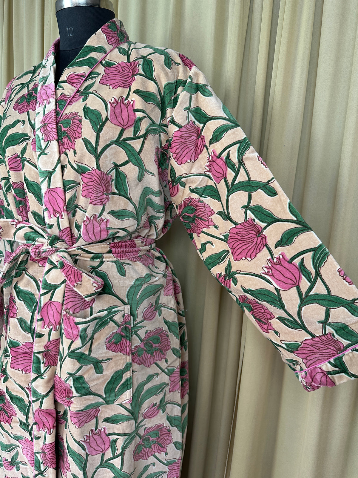Luxury Velvet Kimono Unisex House Robe | Boho Jacket Autumn Winter Christmas Gift Elegant Reversible Cotton Lined | Quirky Gown Beige Floral