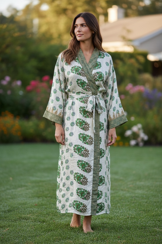Recycle Silk Sari Women Kimono | Boho Chic Beach Cover Up Vintage Lounge Dressing Robe l Resort Wear Regal Gypsy House Robe | Beige Floral