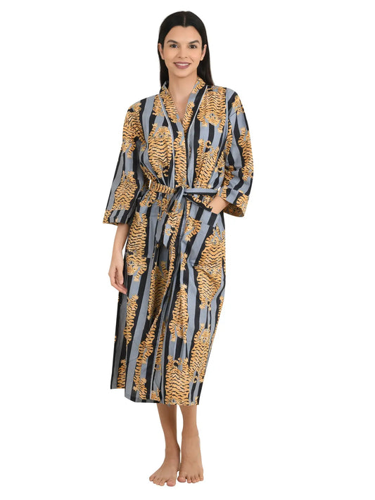 Pur coton Kimono indien imprimé à la main Boho House Robe Robe d’été | Guépard à rayures grises noires | Vêtements de couverture de plage | Cadeau de Noël