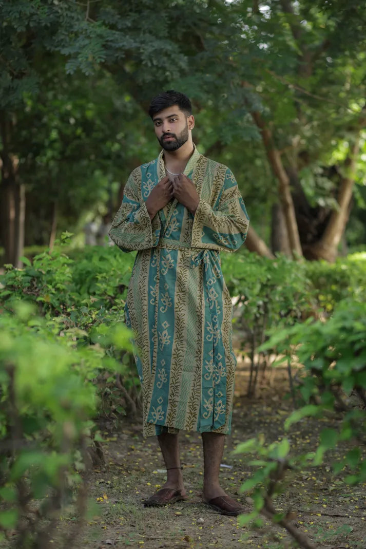 Men's Cotton Long Kimono Robe in striped with pockets