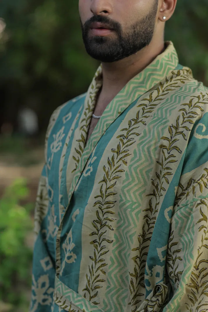 Men's Cotton Long Kimono Robe in striped with pockets