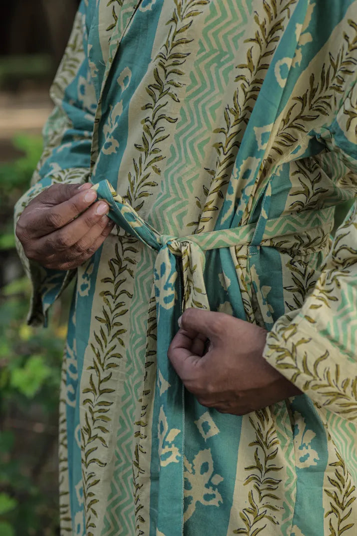 Men's Cotton Long Kimono Robe in striped with pockets