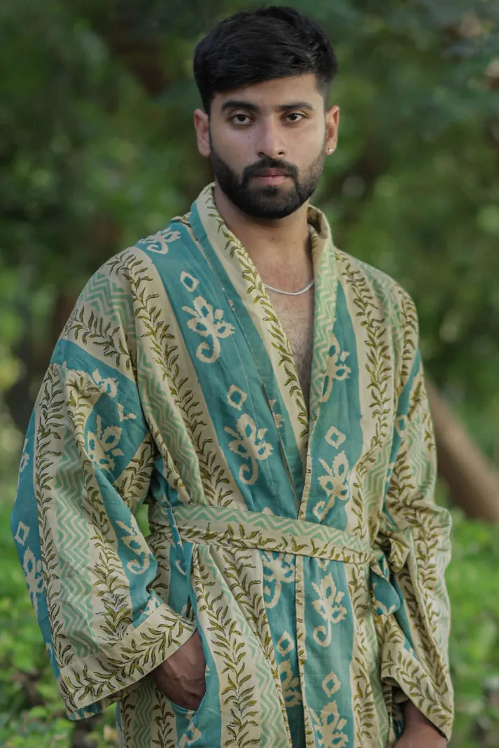 Men's Cotton Long Kimono Robe in striped with pockets
