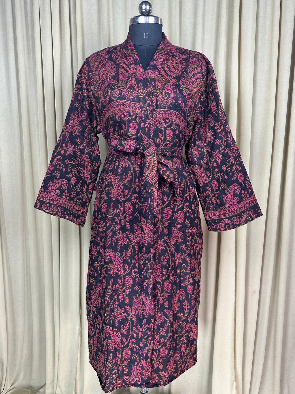 Yak Wool Blend Women Kimono Robe | Cozy Warm Winter Romance Loungewear, Black Paisley Cardigan House Coat with Pockets, Quirky Christmas Gift