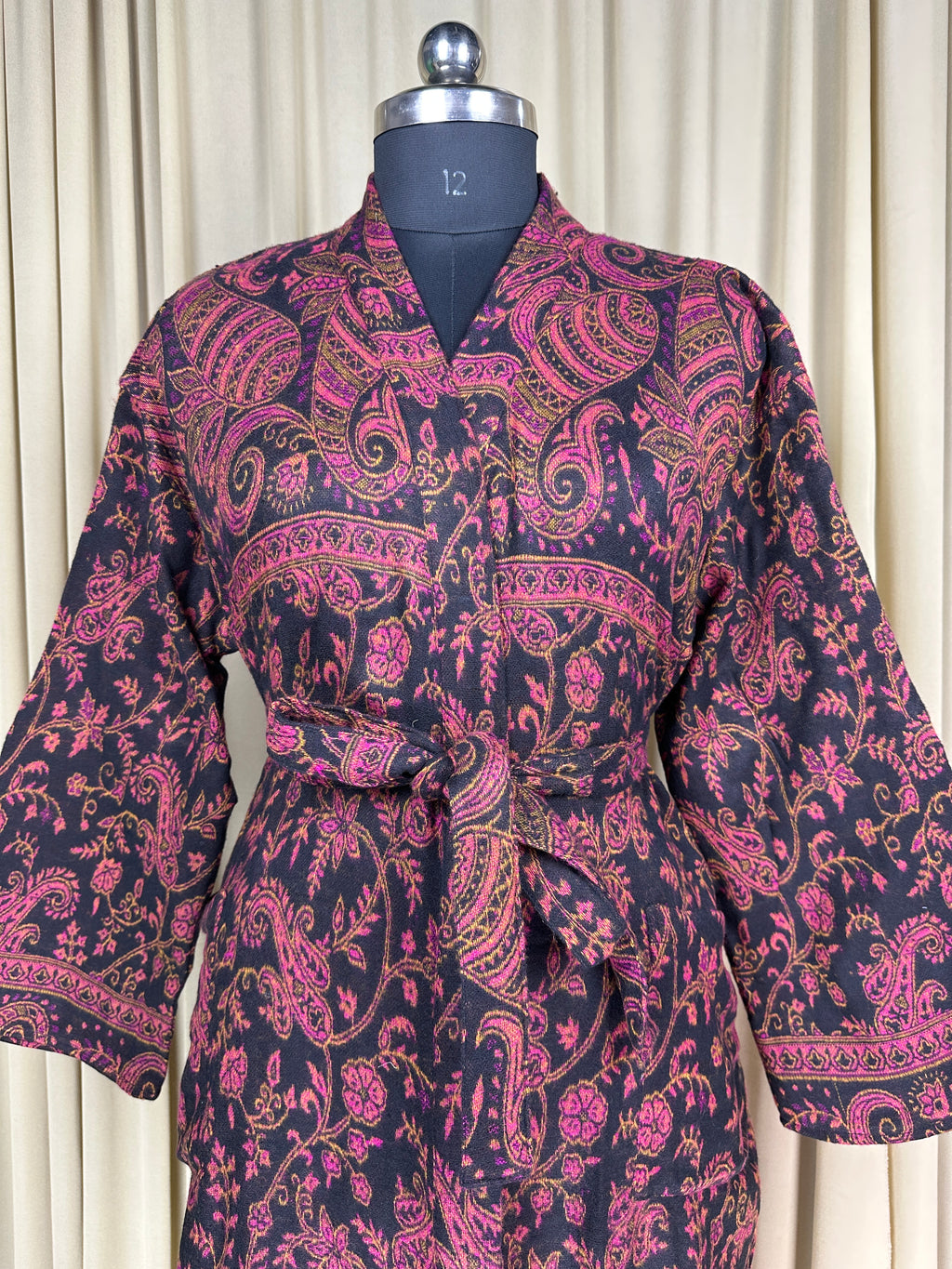 Yak Wool Blend Women Kimono Robe | Cozy Warm Winter Romance Loungewear, Black Paisley Cardigan House Coat with Pockets, Quirky Christmas Gift