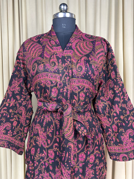 Yak Wool Blend Kimono Robe: Maroon Paisley Print, Warm Winter Wear