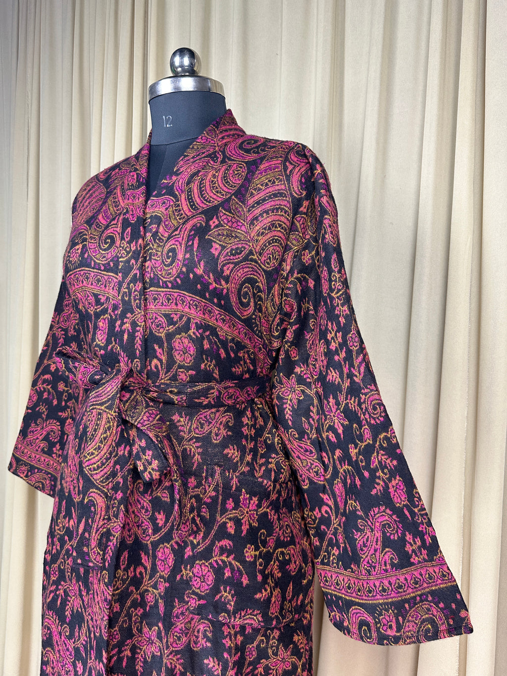 Yak Wool Blend Women Kimono Robe | Cozy Warm Winter Romance Loungewear, Black Paisley Cardigan House Coat with Pockets, Quirky Christmas Gift