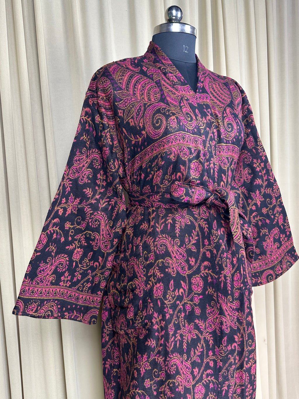 Yak Wool Blend Women Kimono Robe | Cozy Warm Winter Romance Loungewear, Black Paisley Cardigan House Coat with Pockets, Quirky Christmas Gift