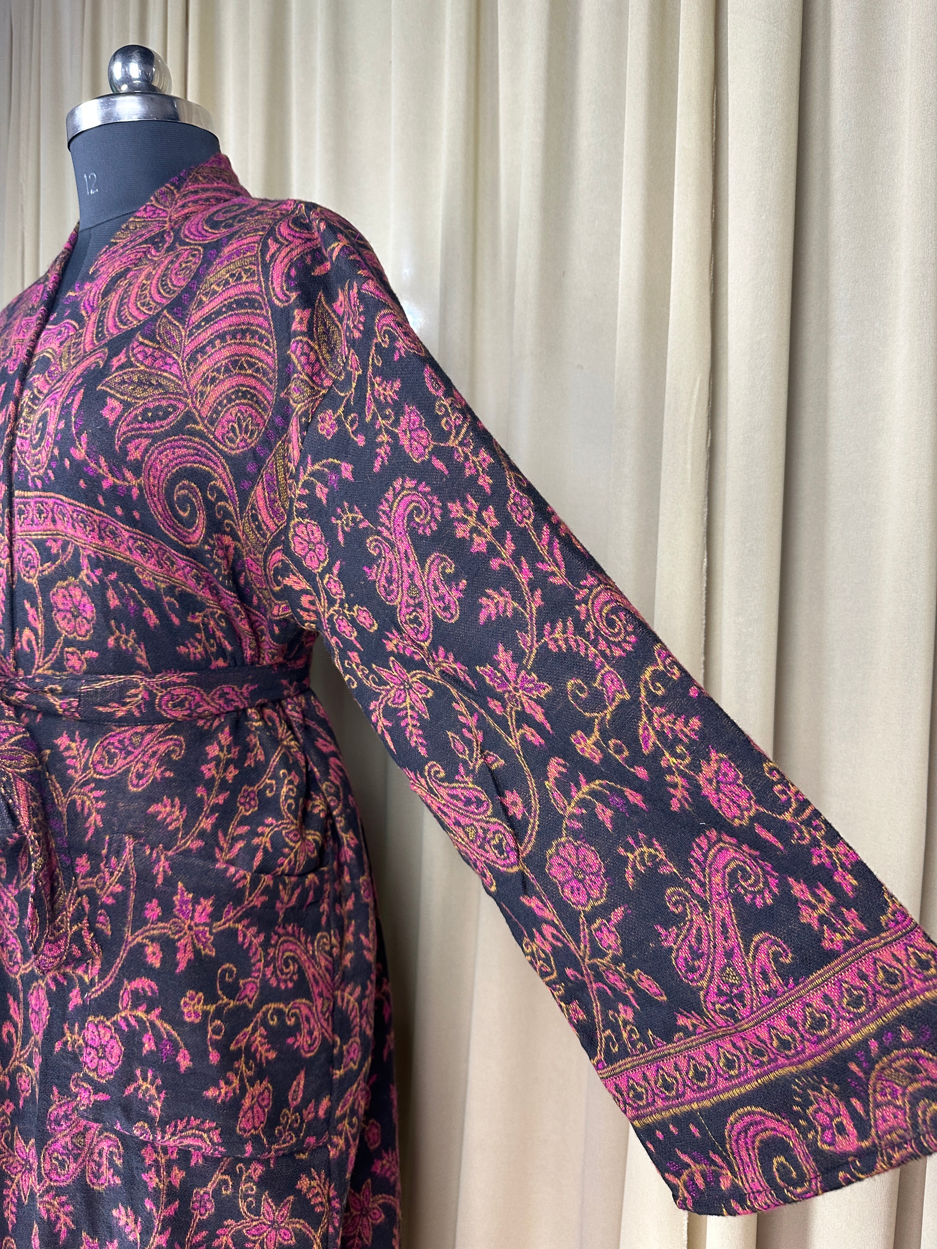 Yak Wool Blend Women Kimono Robe | Cozy Warm Winter Romance Loungewear, Black Paisley Cardigan House Coat with Pockets, Quirky Christmas Gift