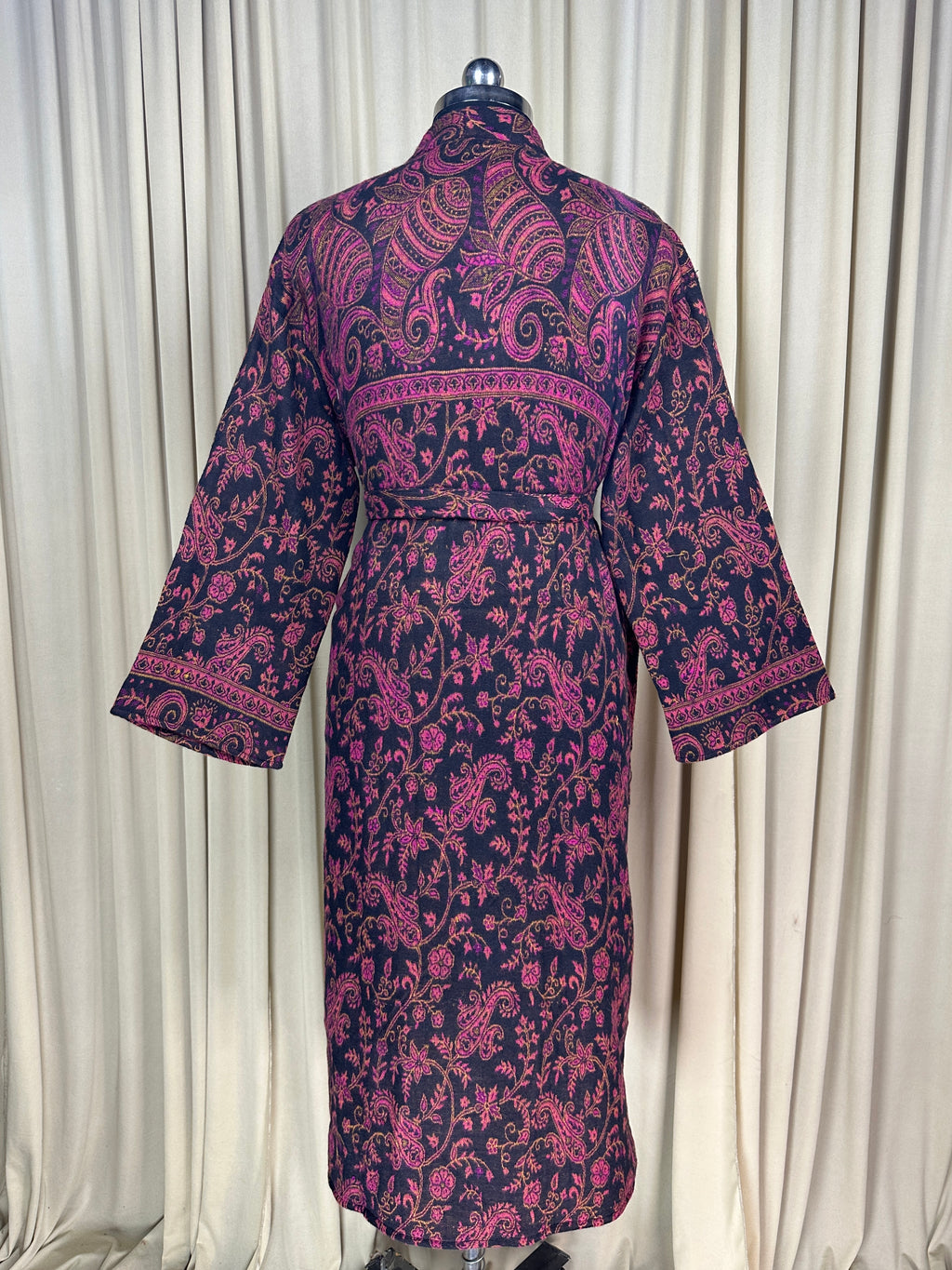 Yak Wool Blend Women Kimono Robe | Cozy Warm Winter Romance Loungewear, Black Paisley Cardigan House Coat with Pockets, Quirky Christmas Gift