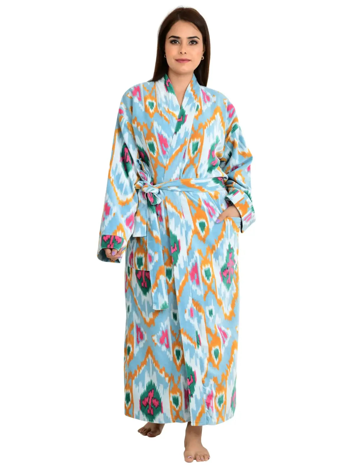 Luxury Velvet House Robe Unisex Kimono Jacket Reversible Silk Lined Autumn Winter Gift Elegant Ikat Green Malibu Bluish Valentine Love