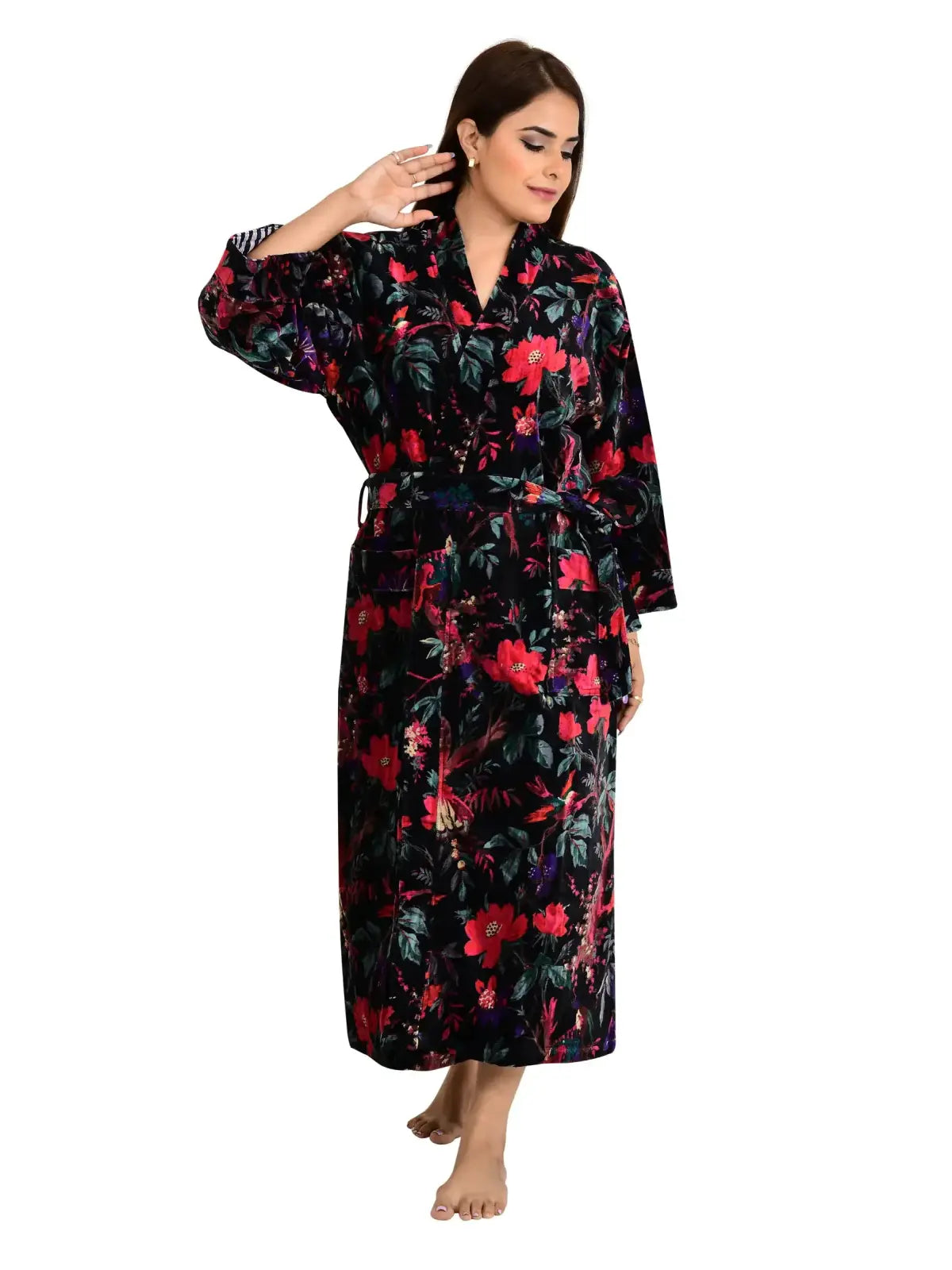 Luxury Velvet House Robe | Unisex Kimono Jacket Reversible Silk Lined Autumn Winter Gift Mid Night Botanical Bloom Floral Valentine Love