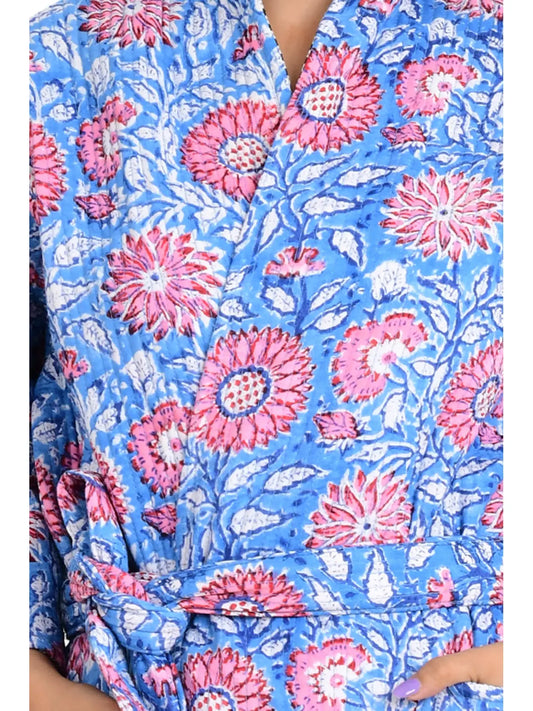 Kantha Gesteppter Kimono Aus Reiner Baumwolle Wendbar Lang Damen Blau Rosa Sonnenblume