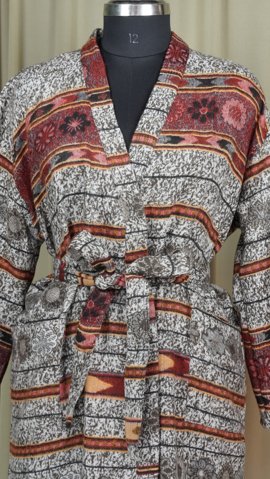 Yak Wool Blend Kimono Robe: Maroon Floral Print, Warm Winter Wear