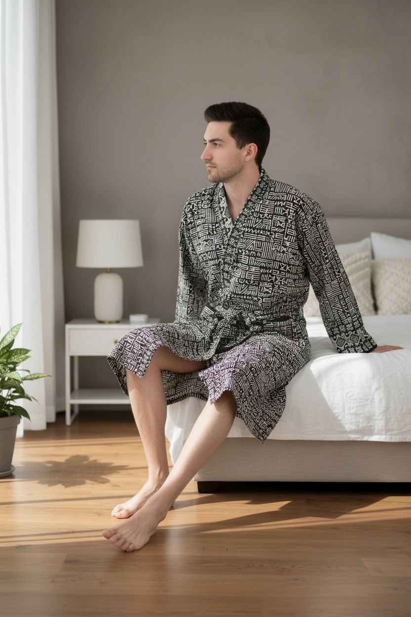 Men's block-printed Cotton Kimono Robe