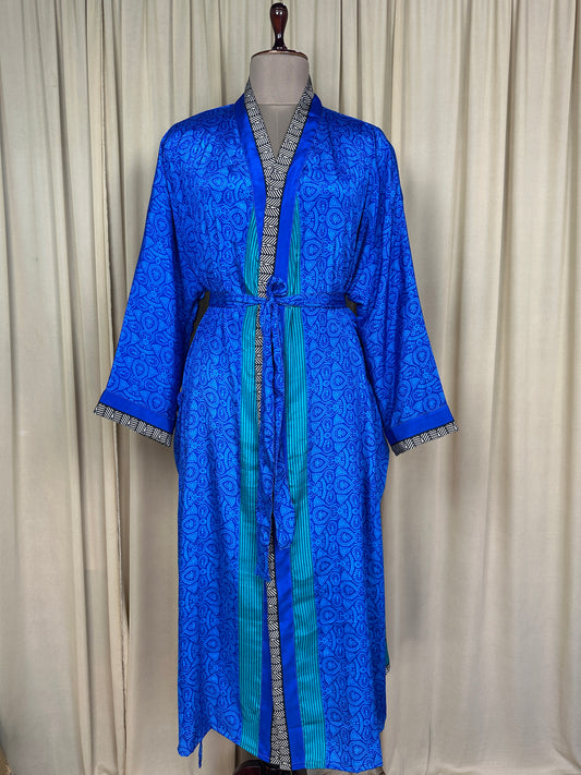Recycle Silk Sari Women Kimono | Boho Chic Beach Cover Up Vintage Lounge Dressing Robe | Resort Wear Regal Gypsy House Robe, Blue Geometric