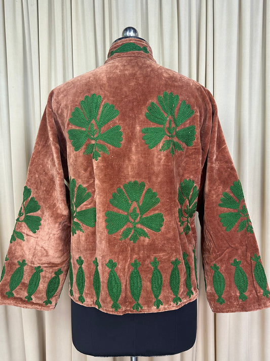 Boho Hand Embroidered Velvet Suzani Jacket, Brwon Floral Open Front Coat Winter Wear Free Size Robe Retro Chic Free Size Robe Blazer for Her