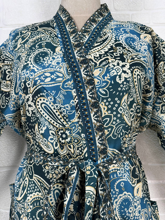 Silk Blend Kimono Robe: Floral Print Long Dressing Gown