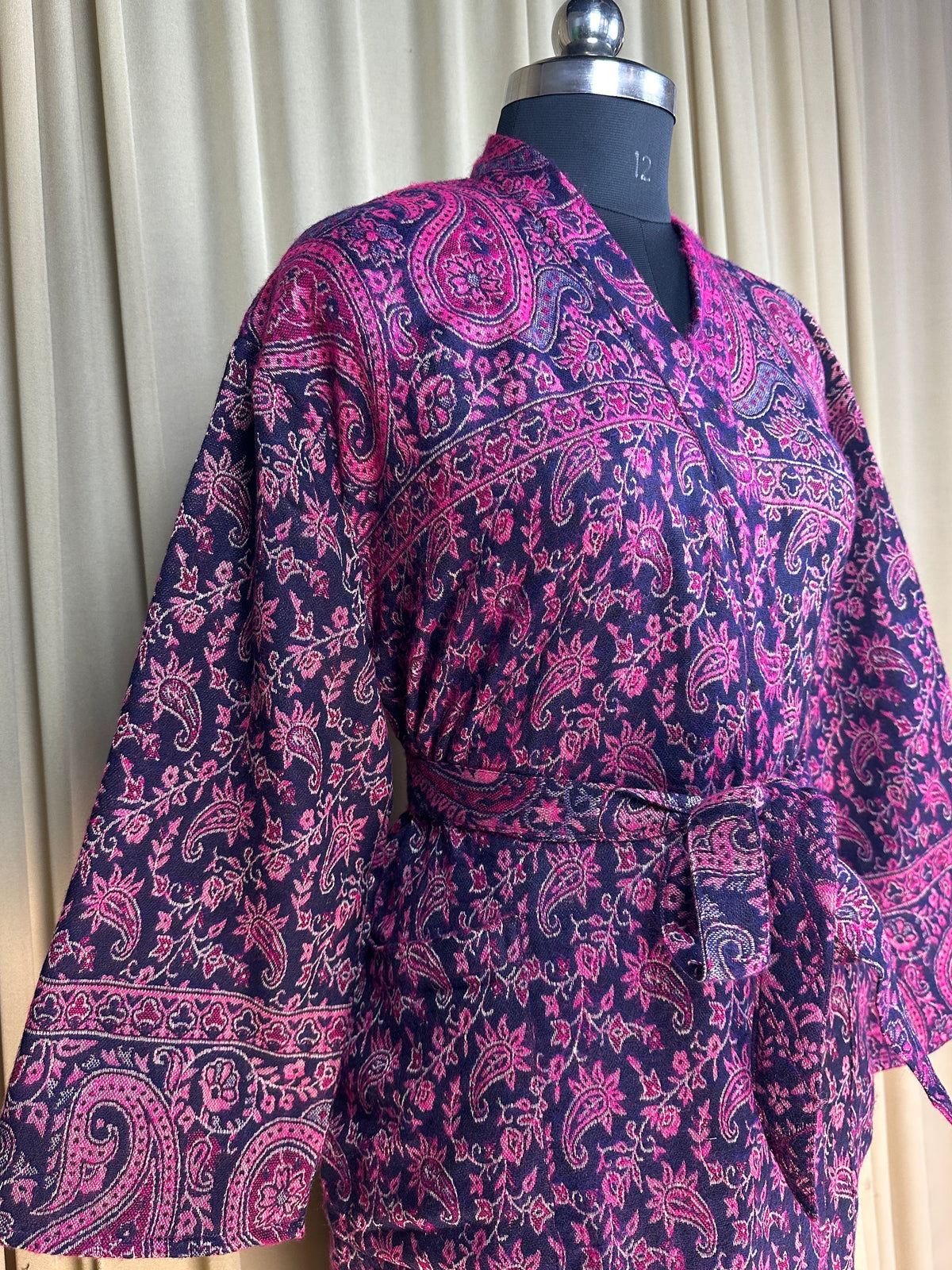 Yak Wool Blend Women Kimono Robe, Cozy Warm Winter Romance Loungewear, Purple Paisley Cardigan House Coat with Pockets Quirky Christmas Gift