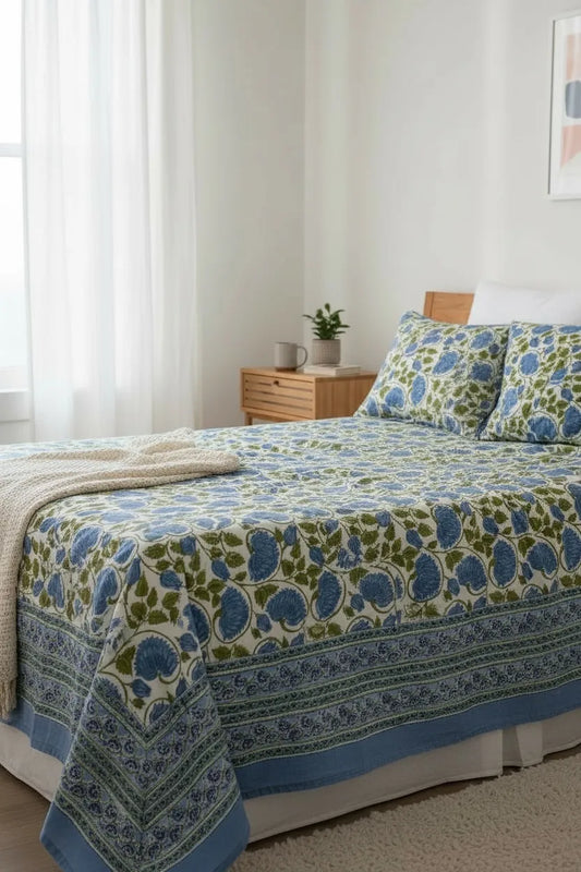 Pure Soft Cotton Bedsheet Set with Pillow Covers | Hand Block Printed Jaipuri Floral | Queen King Size Summer Bedspread | Boho Home Accent