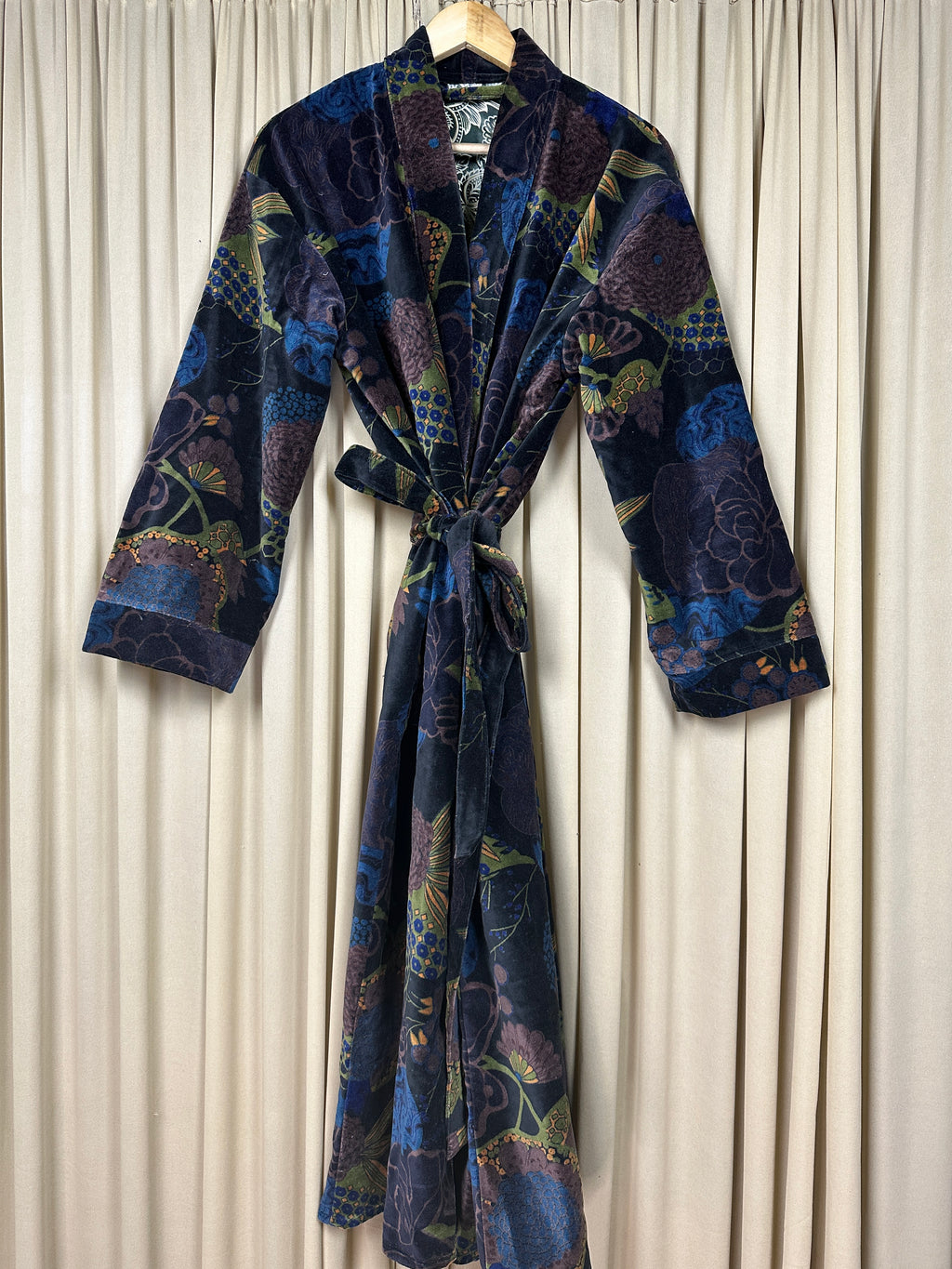 Luxury Velvet Kimono Unisex House Robe | Boho Jacket Autumn Winter Christmas Gift Elegant Reversible Silk Lined | Quirky Gown Black Floral