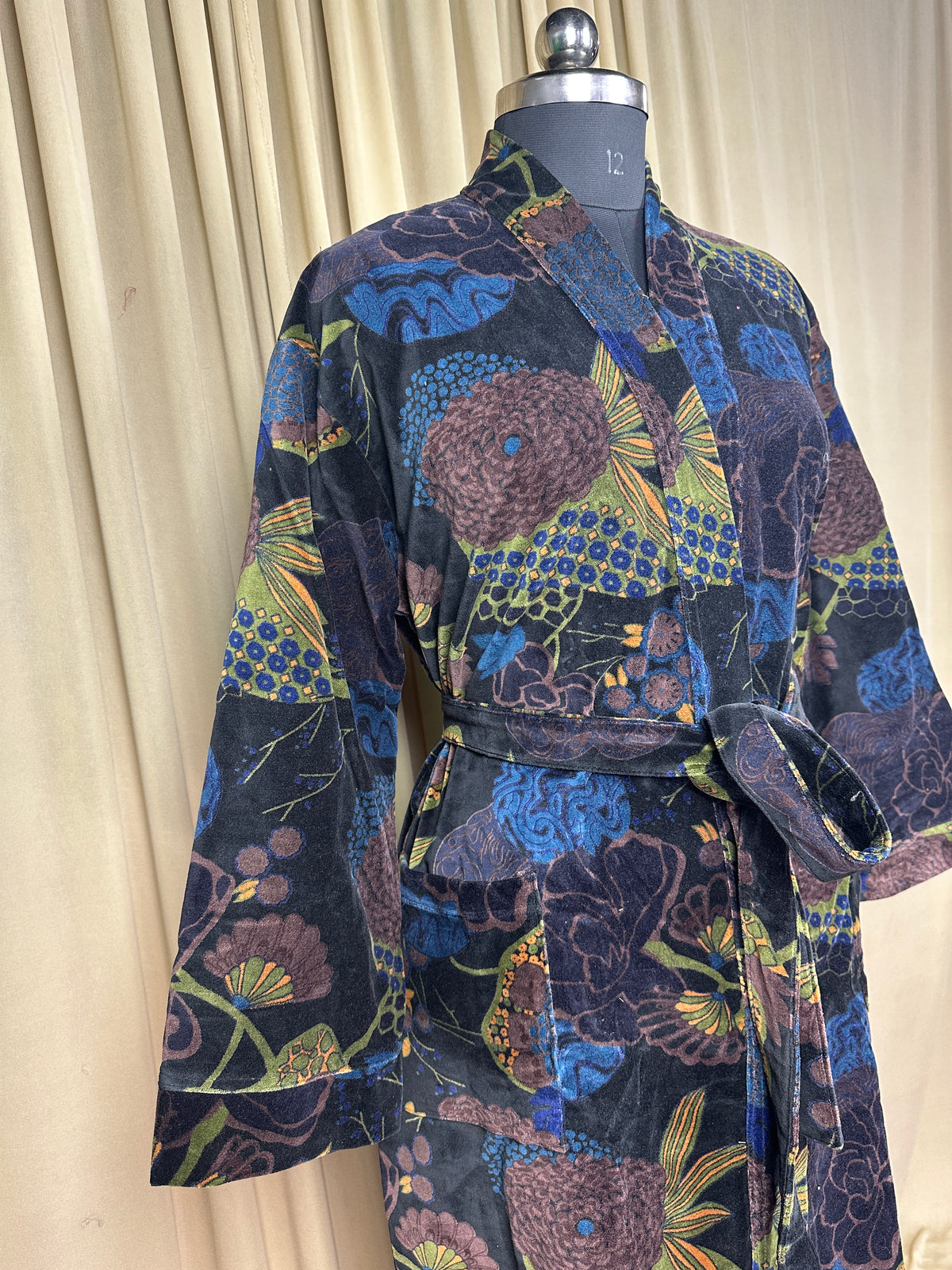 Luxury Velvet Kimono Unisex House Robe | Boho Jacket Autumn Winter Christmas Gift Elegant Reversible Silk Lined | Quirky Gown Black Floral