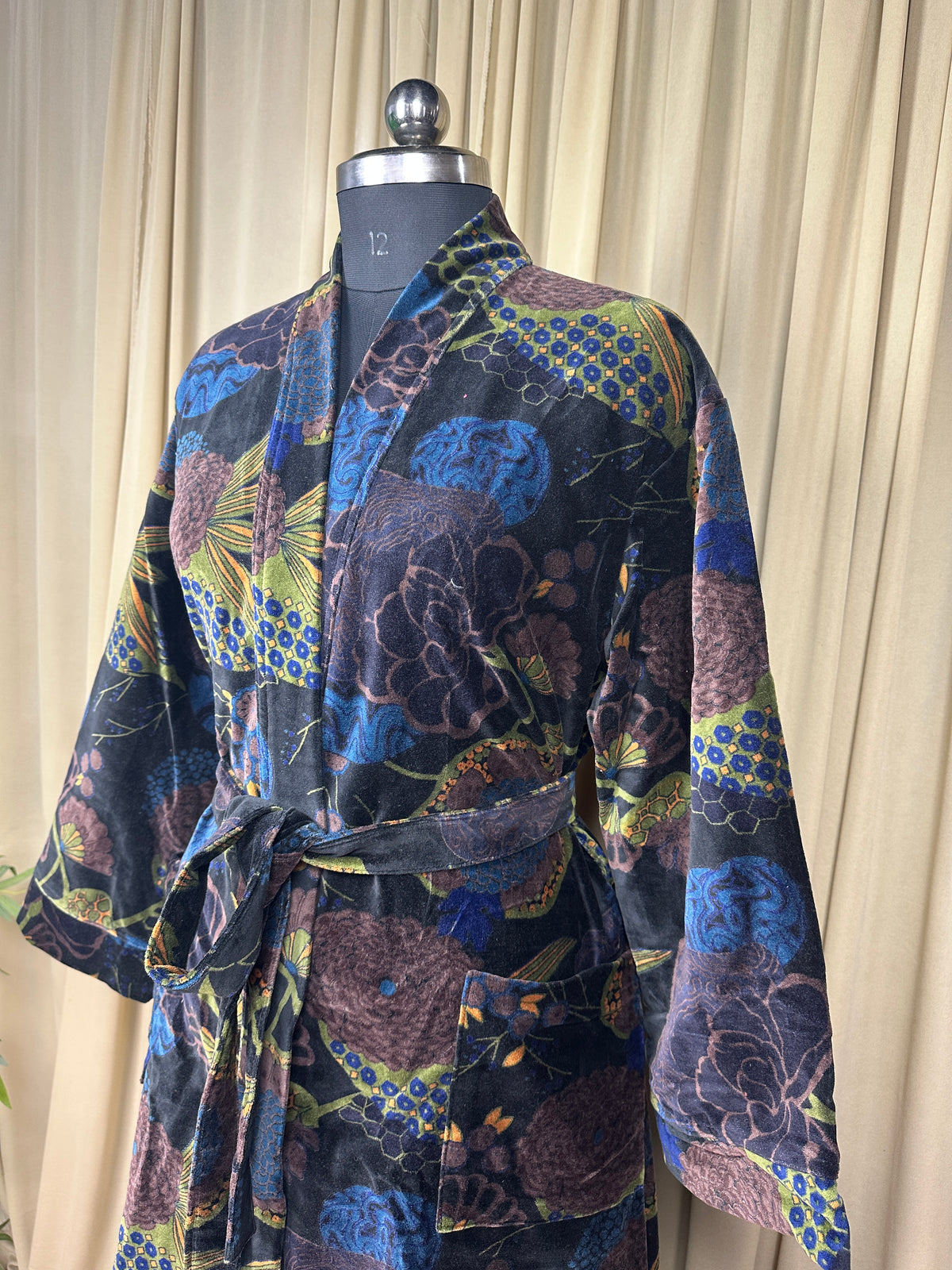 Luxury Velvet Kimono Unisex House Robe | Boho Jacket Autumn Winter Christmas Gift Elegant Reversible Silk Lined | Quirky Gown Black Floral