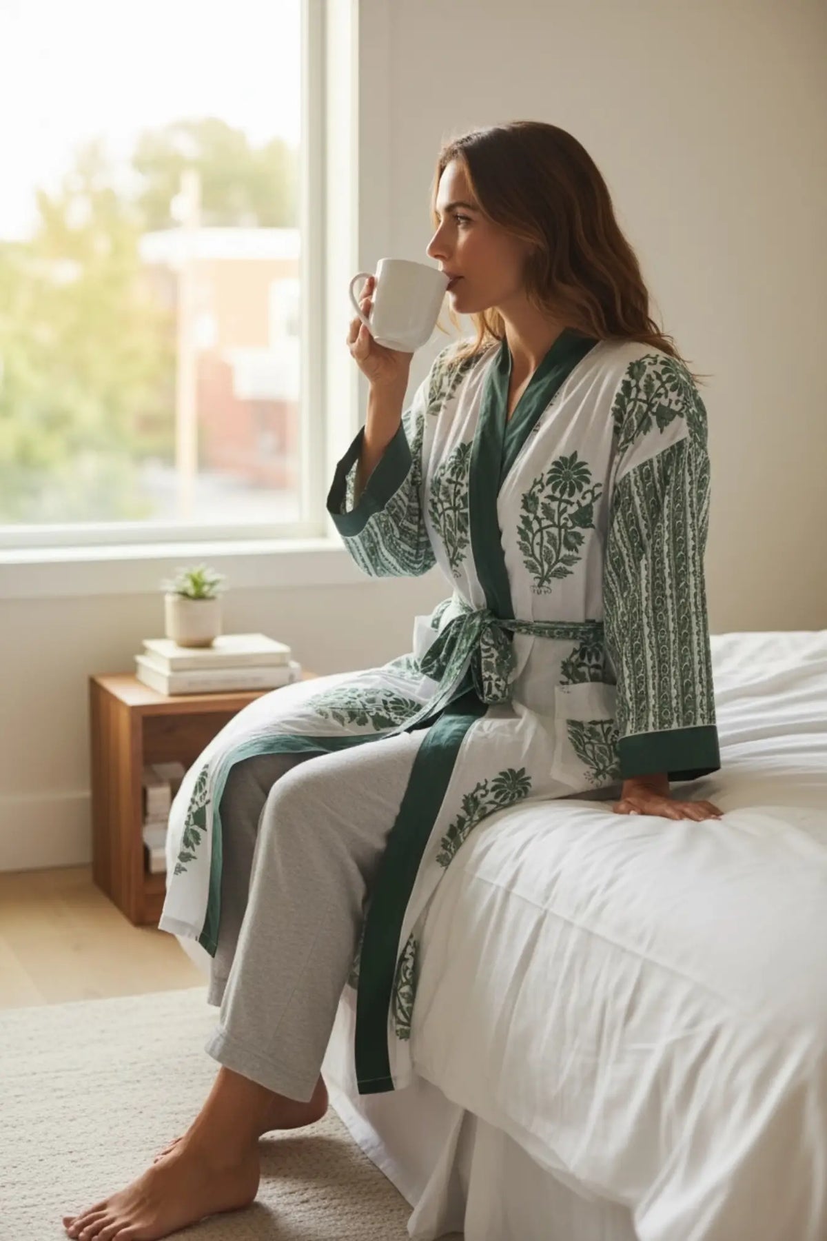 Women's block-printed Cotton Kimono Robe
