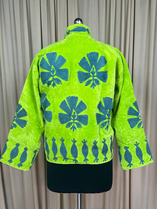 Boho Hand Embroidered Velvet Suzani Jacket, Green Floral Open Front Coat Winter Wear Free Size Robe Retro Chic Free Size Robe Blazer for Her
