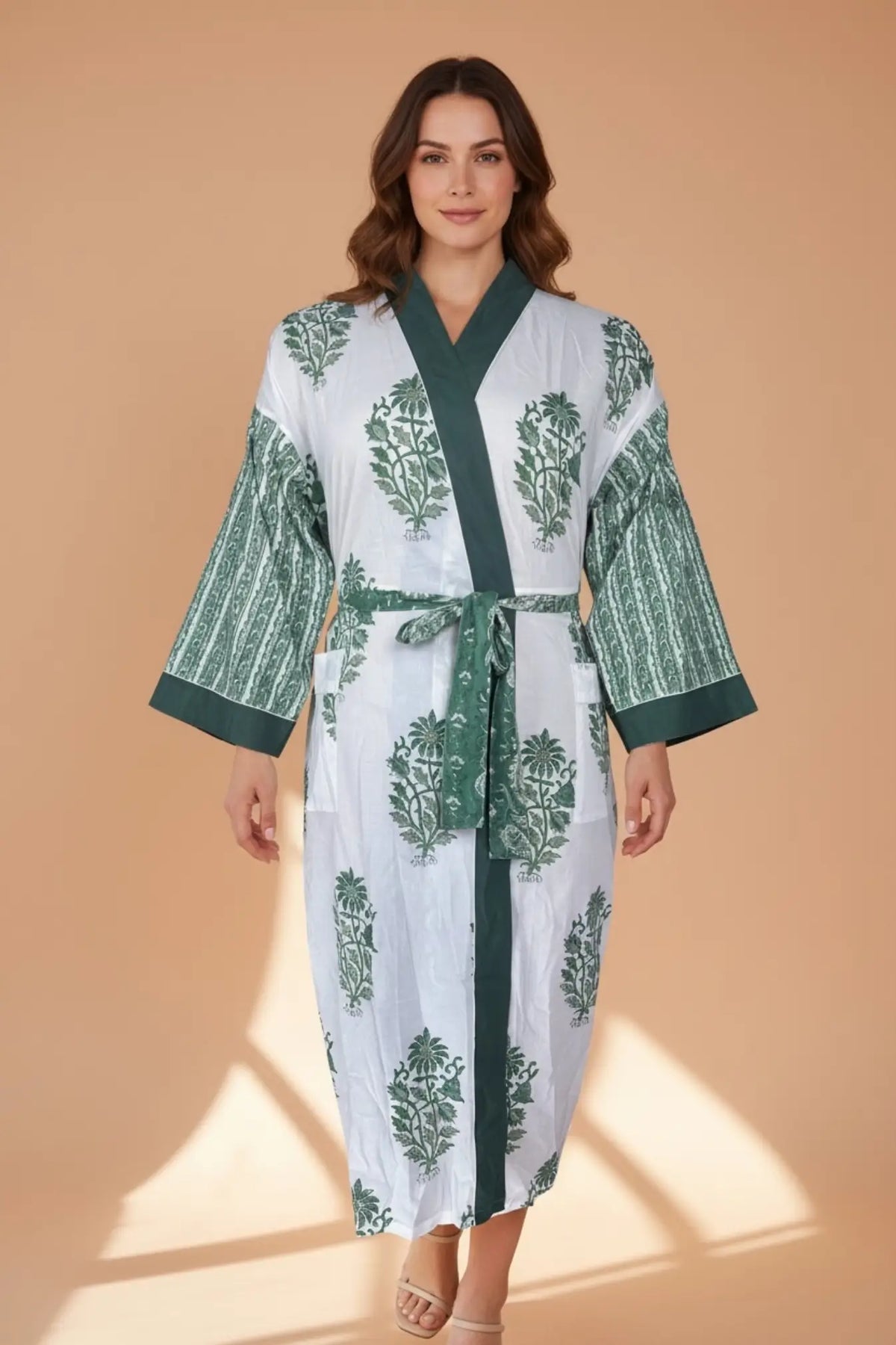 Women's block-printed Cotton Kimono Robe