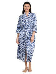 Pure Cotton Kimono Indian Handprinted Boho House Robe Summer Dress | White Blue Tie Dye Print | Beach Cover Up Wear | Christmas Present