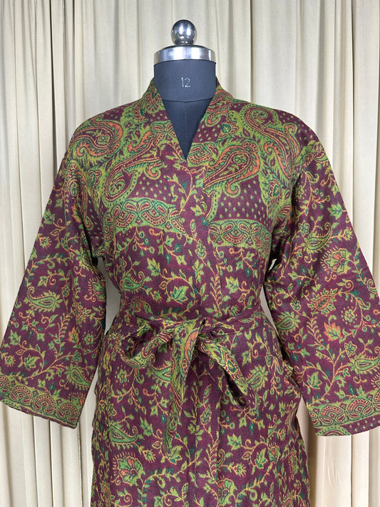 Yak Wool Blend Kimono Robe: Maroon Paisley Print, Warm Winter Wear