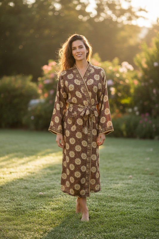 Recycle Silk Sari Women Kimono | Boho Chic Beach Cover Up Vintage Lounge Dressing Robe l Resort Wear Regal Gypsy House Robe | Brown Floral