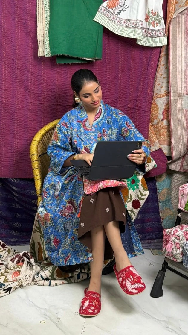 Kantha Pure Cotton Reversible Long Kimono Women Jacket Floral Print Blue Red