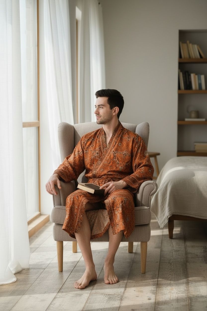 Boho Men's Soft Silk Kimono, Man Regal House Beach Robe, Floral Persian King Elegant Brown Orange Hues Beach Cover Up, Perfect Gift for Dad