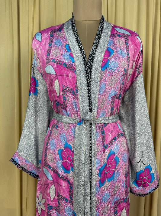 Recycle Silk Sari Women Kimono | Boho Chic Beach Cover Up Vintage Lounge Dressing Robe | Resort Wear Regal Gypsy House Robe, Pink Floral