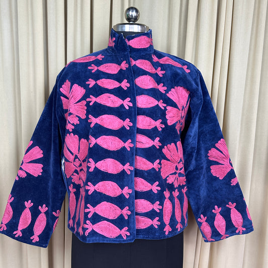 Boho Hand Embroidered Velvet Suzani Jacket, Blue Floral Open Front Coat Winter Wear Free Size Robe Retro Chic Free Size Robe Blazer for Her