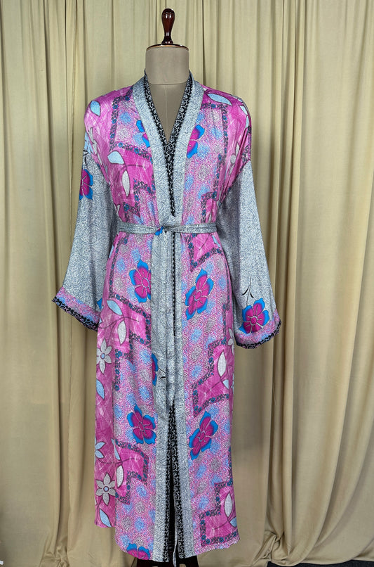 Recycle Silk Sari Women Kimono | Boho Chic Beach Cover Up Vintage Lounge Dressing Robe | Resort Wear Regal Gypsy House Robe, Pink Floral