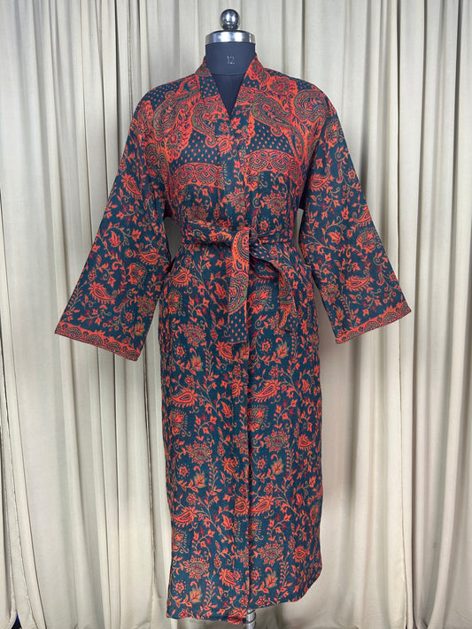 Yak Wool Blend Women Kimono Robe, Cozy Warm Winter Romance Loungewear, Green Paisley Cardigan House Coat with Pockets, Quirky Christmas Gift