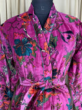 Luxury Velvet Kimono Unisex House Robe | Boho Jacket Autumn Winter Christmas Gift Elegant Reversible Cotton Lined | Quirky Gown Pink Floral