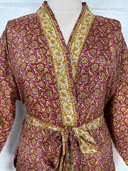 Silk Blend Kimono Robe: Floral Sari Fabric, Plus Size Loungewear