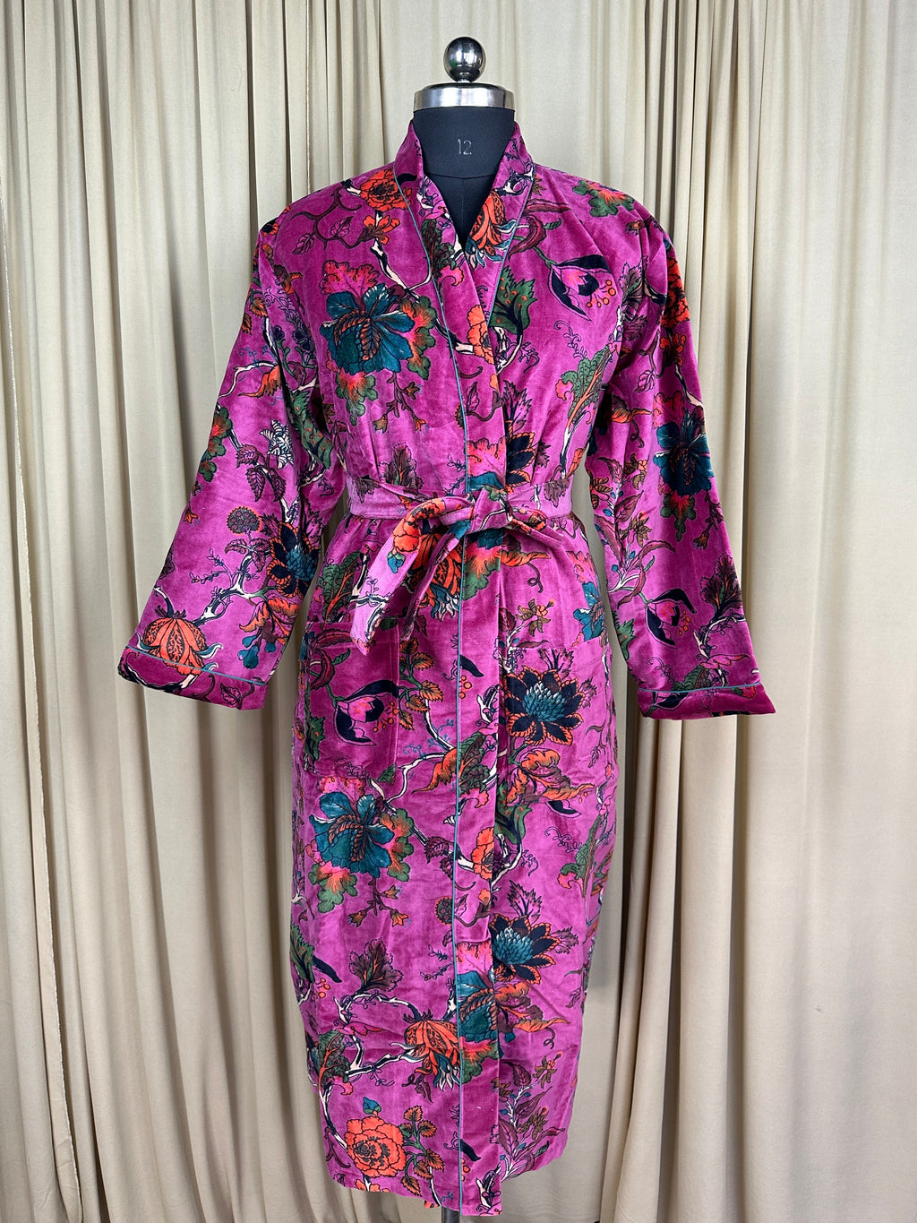 Luxury Velvet Kimono Unisex House Robe | Boho Jacket Autumn Winter Christmas Gift Elegant Reversible Cotton Lined | Quirky Gown Pink Floral