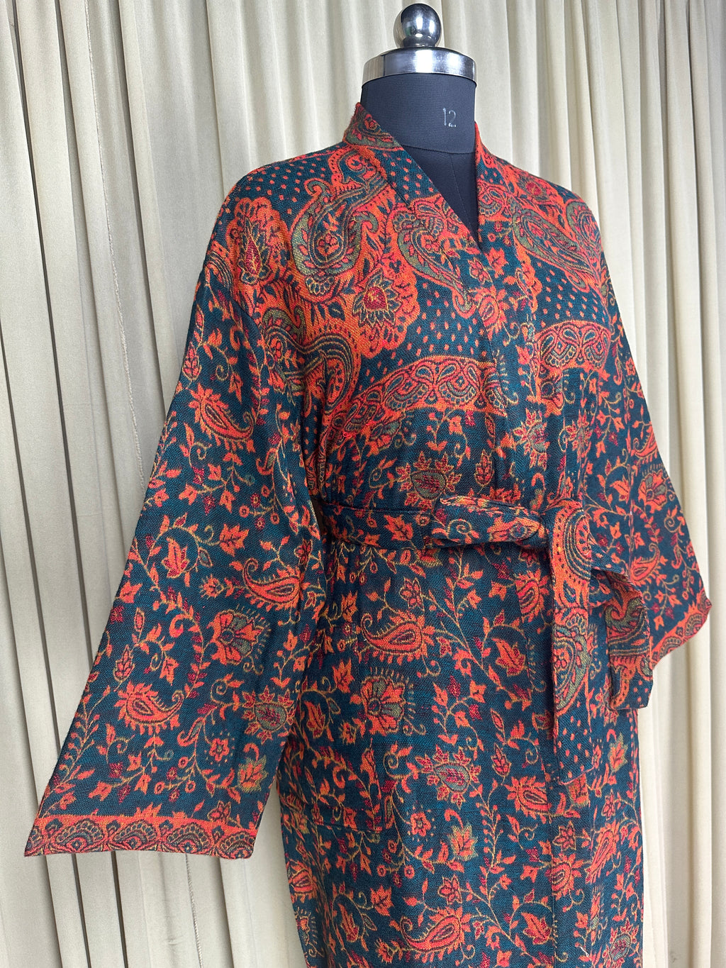 Yak Wool Blend Women Kimono Robe, Cozy Warm Winter Romance Loungewear, Green Paisley Cardigan House Coat with Pockets, Quirky Christmas Gift