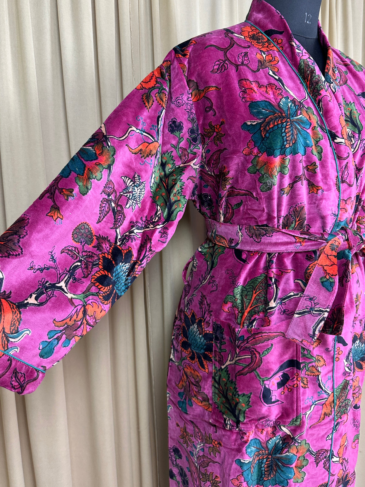 Luxury Velvet Kimono Unisex House Robe | Boho Jacket Autumn Winter Christmas Gift Elegant Reversible Cotton Lined | Quirky Gown Pink Floral
