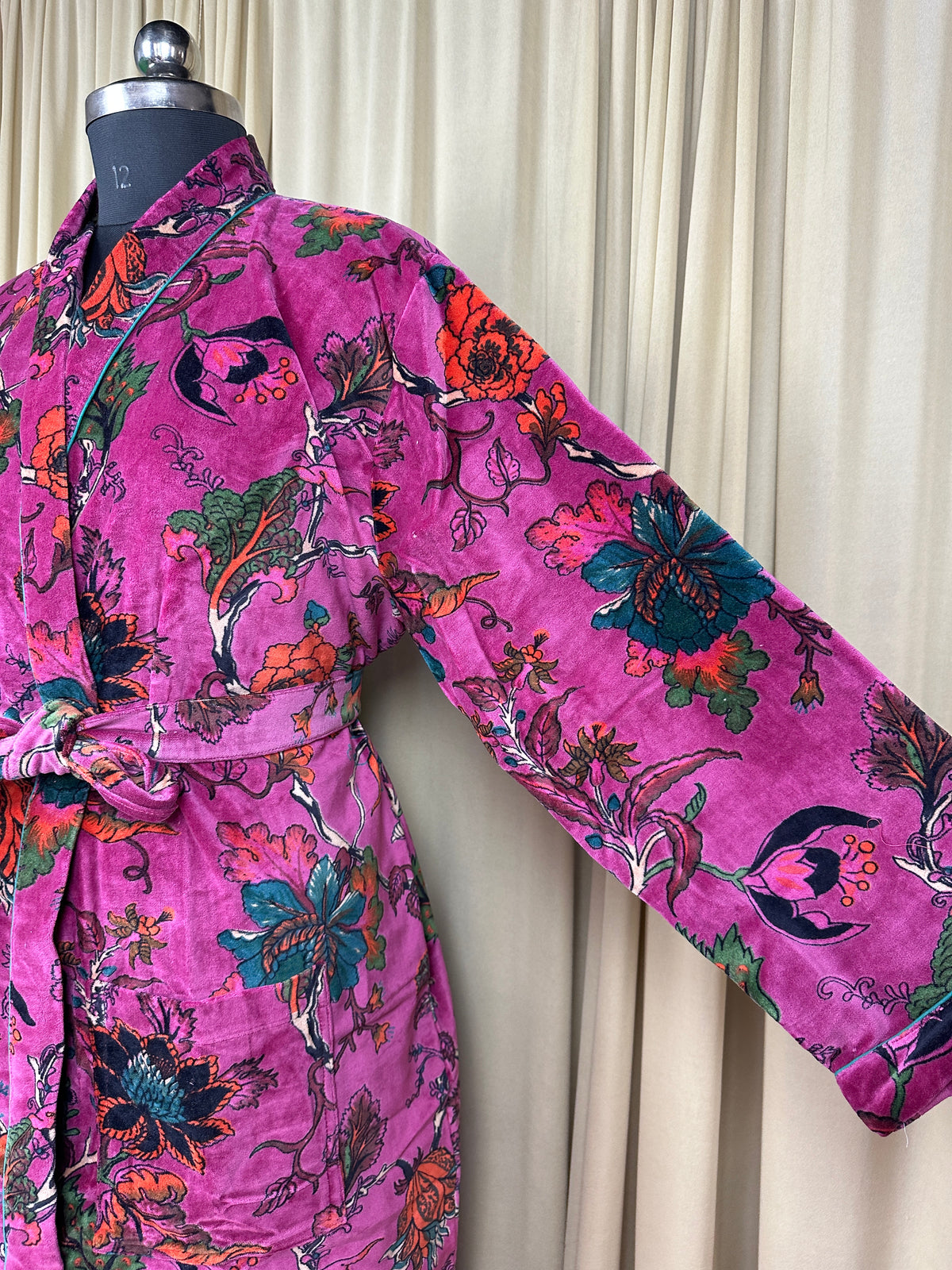 Luxury Velvet Kimono Unisex House Robe | Boho Jacket Autumn Winter Christmas Gift Elegant Reversible Cotton Lined | Quirky Gown Pink Floral